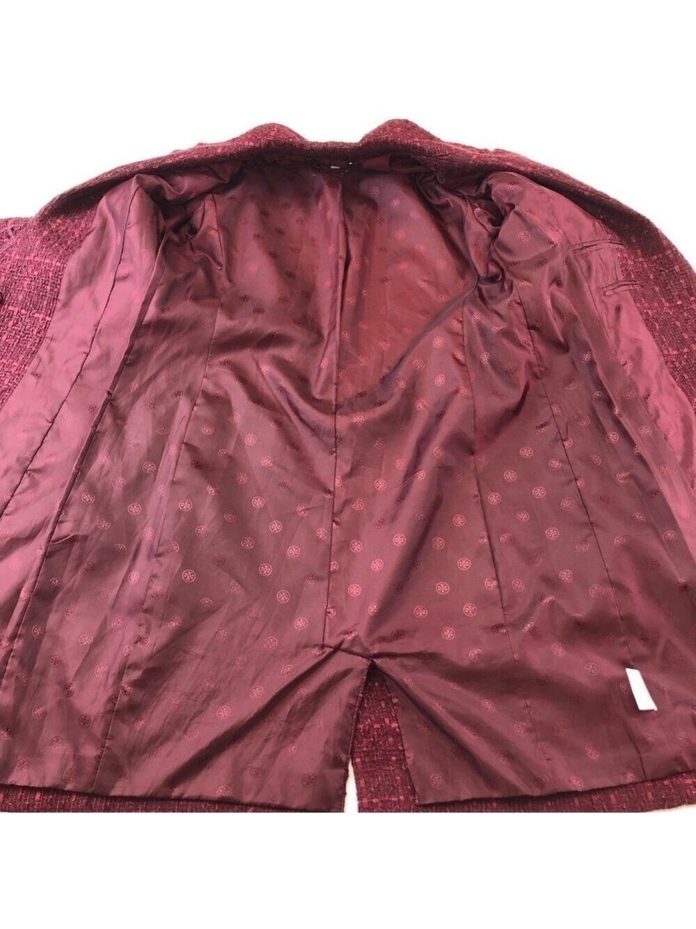 Tory Burch Patsy Glazed Tweed dark plum long line coat Size 2 appliqué embellish - Picture 8 of 14